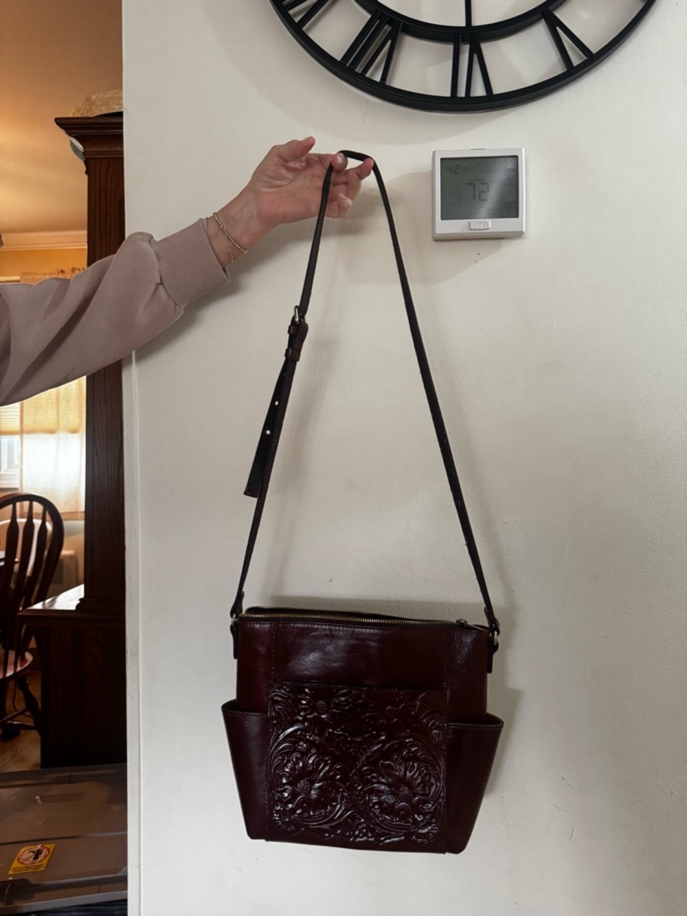 Patricia Nash Embossed Leather Crossbody in Deep Burgundy with Black Strap